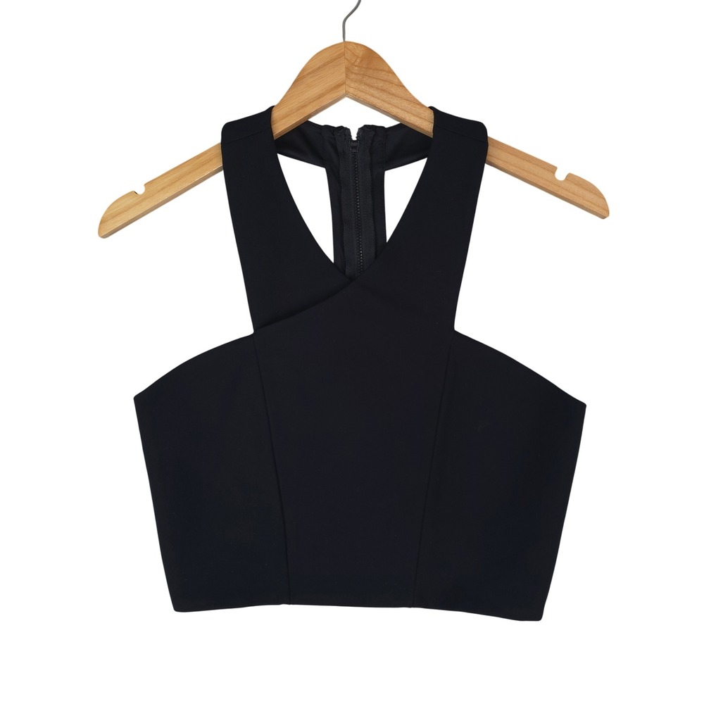Express Crop‎ Top Womens Medium Black Halter Crossover Back Zip Structured Ponte